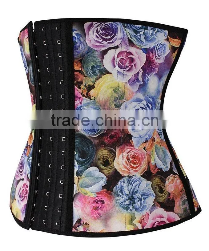 2015 New Fashionable Floral Printed Corset Flower Printed Waist Trainer with 100% Latex