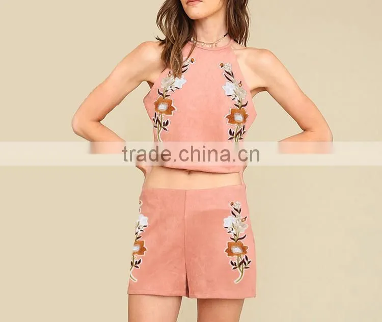 Two piece set women outfits 2017 with embroidered tank top and short
