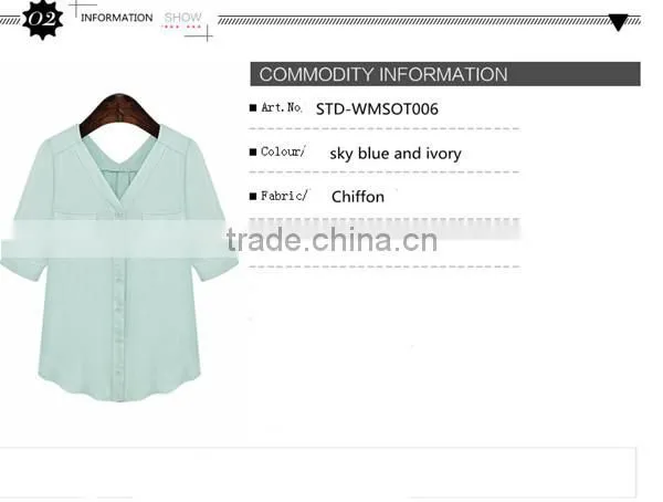 New design 2 colors choice V neck short sleeve Plus size women chiffon fabric shirt