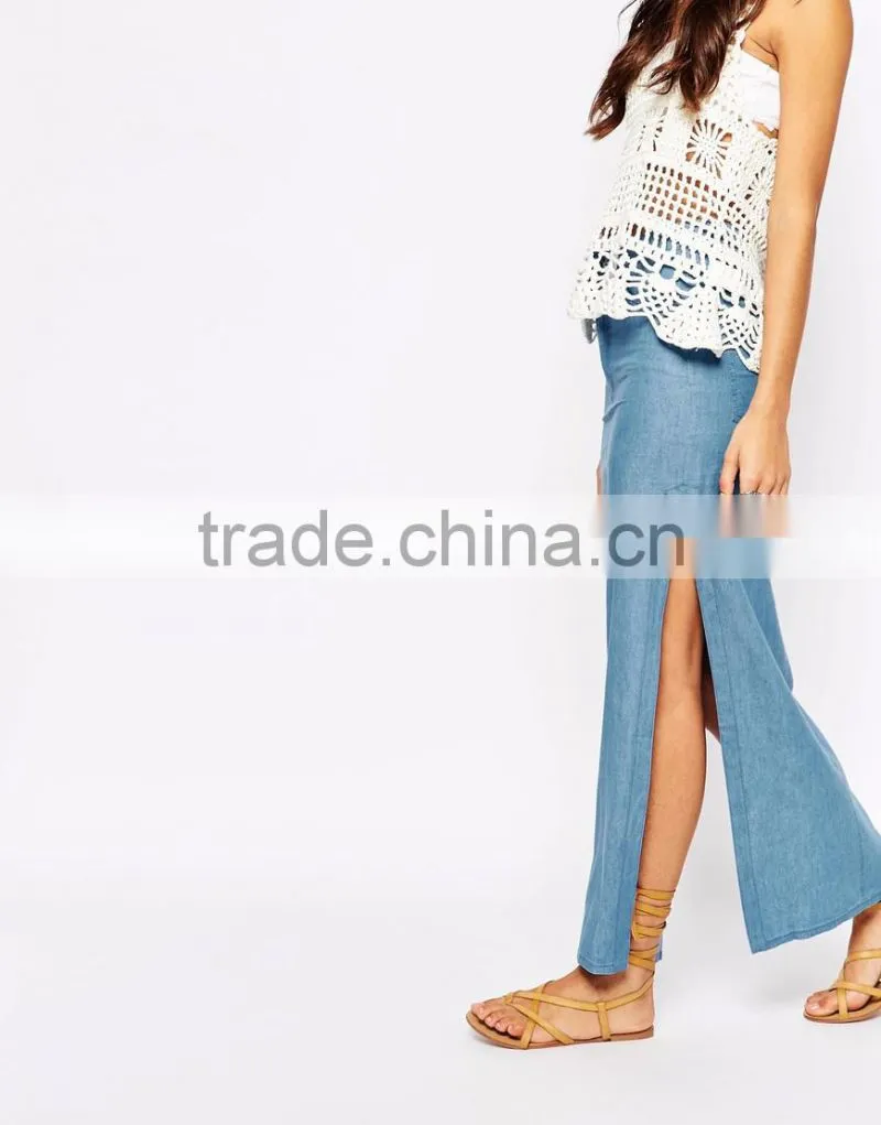 100% Cotton high rise split sides ladies long denim skirts for women 2015