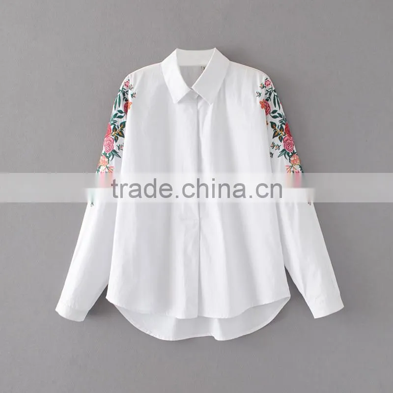 2017 spring and summer national style embroidered long sleeve blouse lapel embroidery white cotton shirt