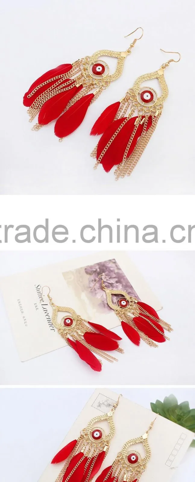 wholesale new design eye feather gold tassels earrings for women