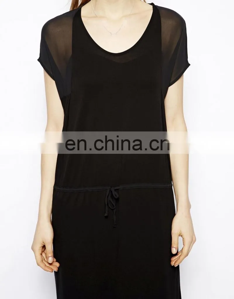 CHEFON Plain black maxi dress with Drawstring Waist