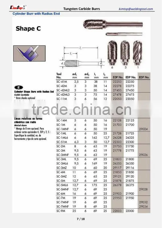 Tungsten Carbide Rotary Burrs of the All Shape