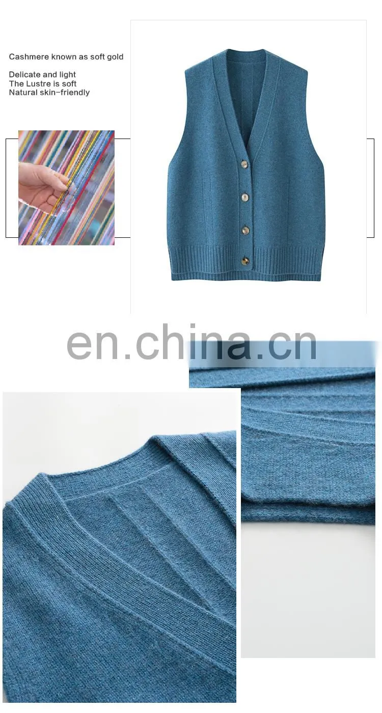 Brand New Custom Sleeveless V-Neck Cardigan Vest Women Knitted Cashmere Woolen Casual Style Embroidered Logo Button Back
