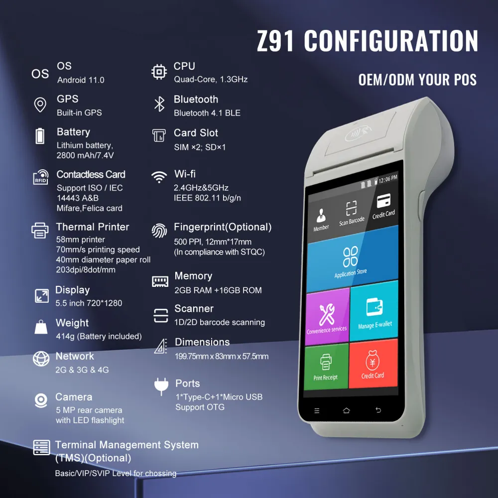 Z91 payment terminal 720x1280 HD touch screen for data collection