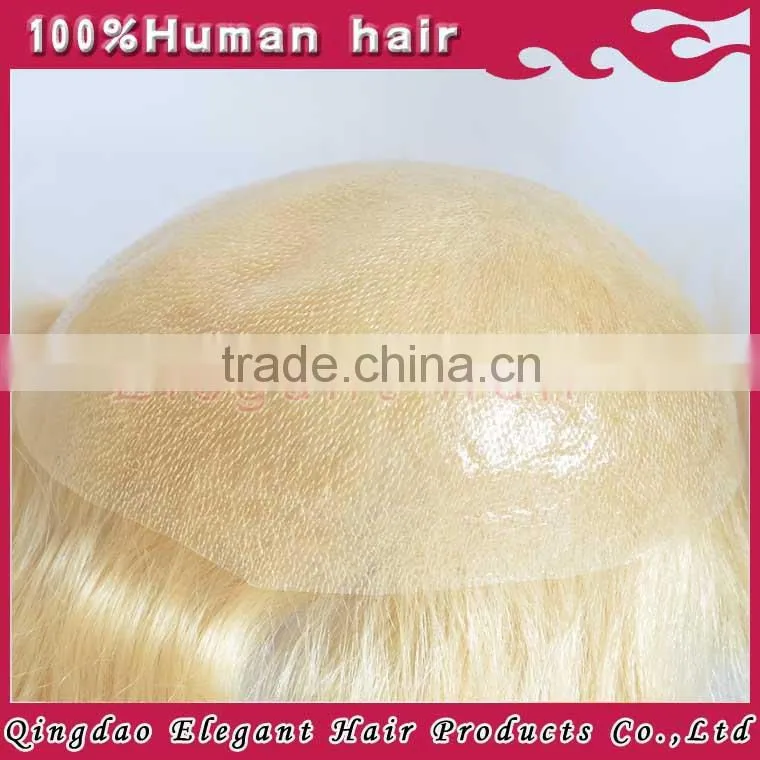 Short silky straight wave thin skin European remy hair blonde toupee