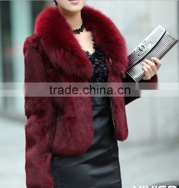 fashionable white rabbit fur coat with fox fur collar