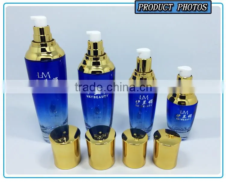 Cosmetics packaging bule colored glass pump bottle and glass cosmetic jar