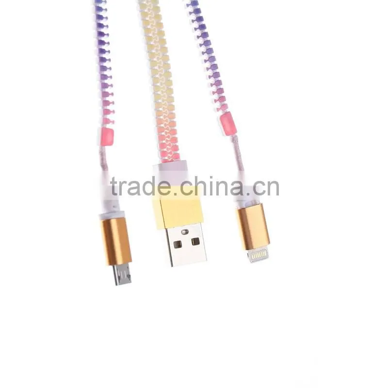 2016 new product funky zipper wire data line USB 2in 1 cell phone data cable