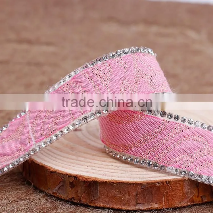 OEM Crystal Chain New Design Pink Color Ribbon/Chain With Hotfix For Cloth Decoration