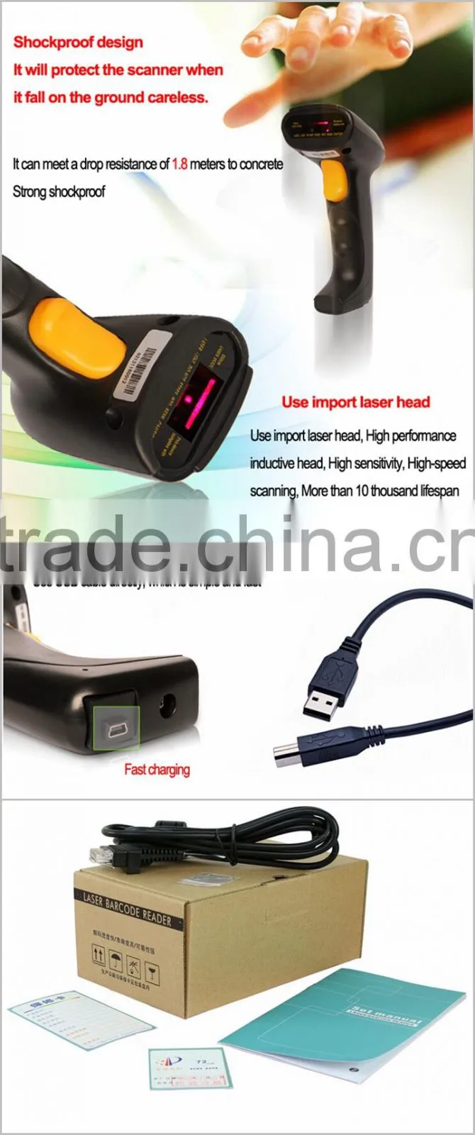 Warehouse Handheld Barcode Scanner With Memory 2.4G Wireless Laser 80/S Scanning Speed IPBS022