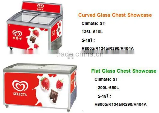 200L-650L Commercial Flat Glass Chest Showcase for Ice Cream