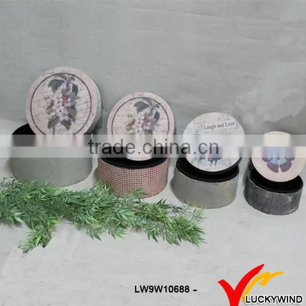 round vintage wood storage units with fabric