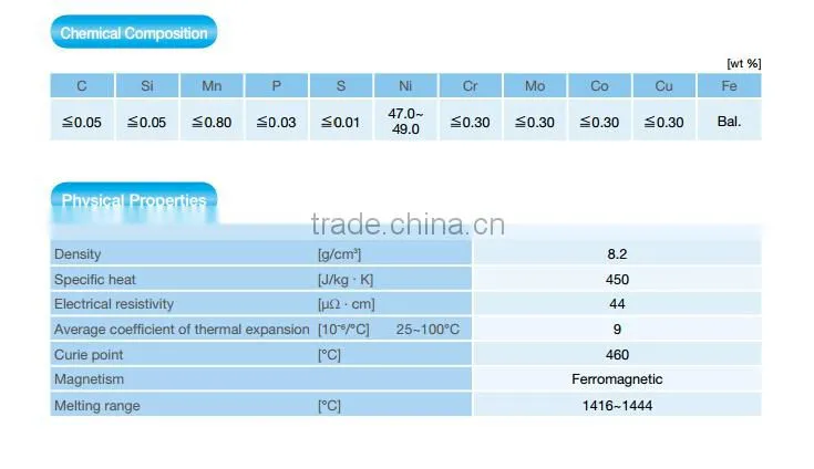 EN Grade 1.3920 Fe-Ni alloy about 48%Ni JIS PB soft magnetic Alloys