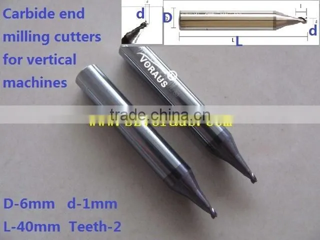 Carbide end milling cutters for vertical machines D-6mm d-1mm L-40mm Teeth-2