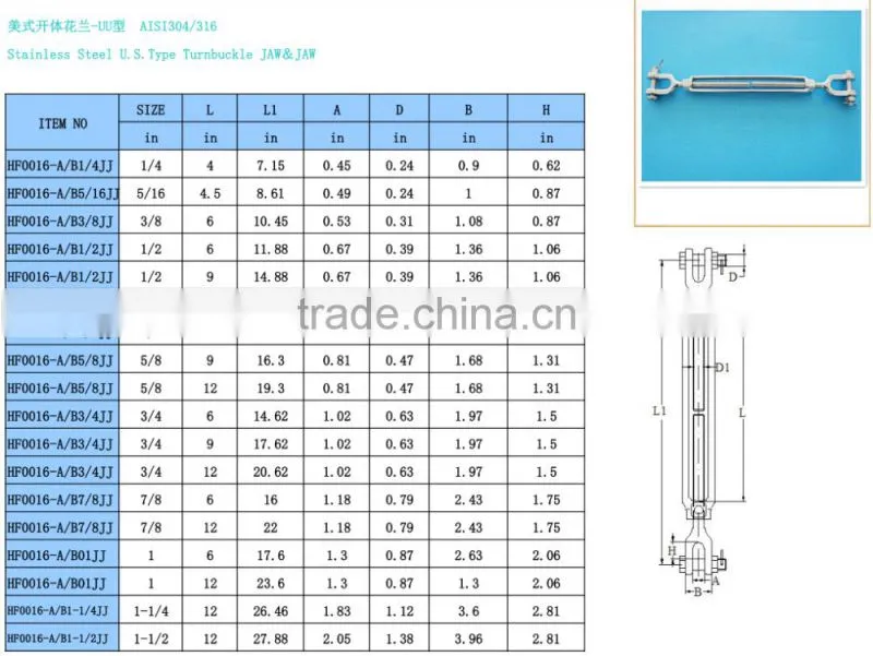 US type stainless steel turnbuckle jaw and jaw