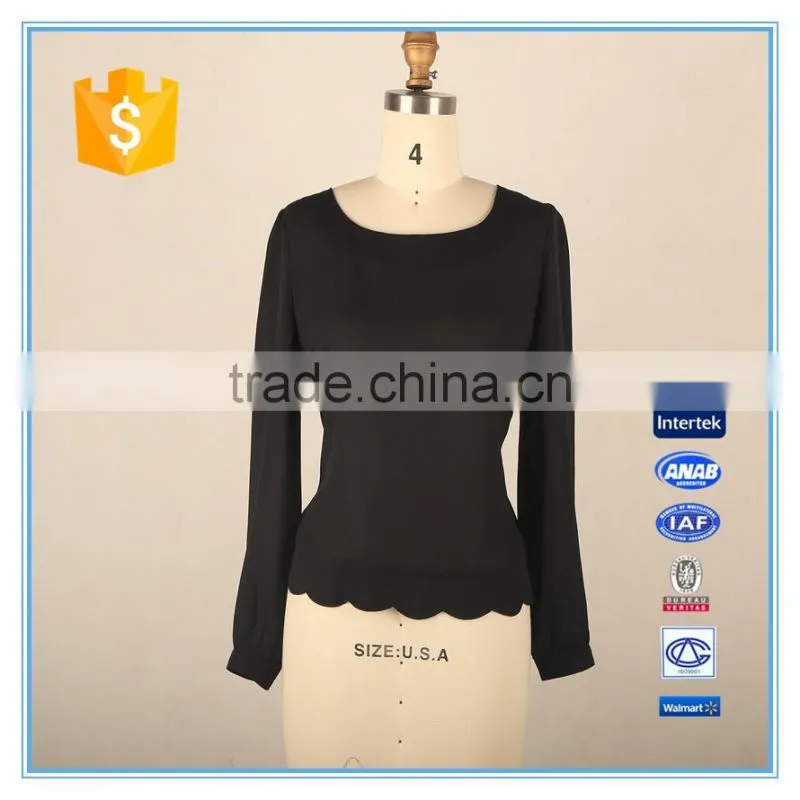New Design Ladies Back Button Design Petals Hem Long Sleeve Blouse
