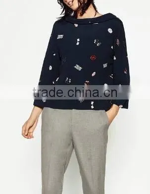 Runwaylover EY2339B Europe Style 2017 Ladies Fashion Label Printed Blouse
