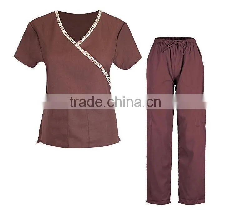 Printed medical workwear mock wrap unifrom set oem service supply
