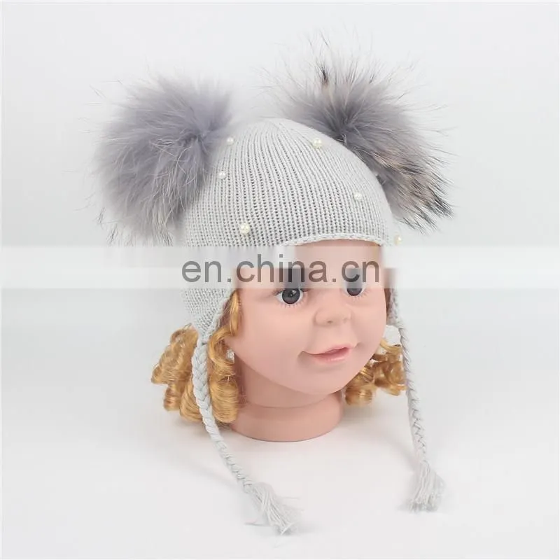 Wholesale Double Raccoon Fur Poms Cap Kids Hat With Fur Pom Pom