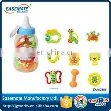 Hot selling plastic funny baby rattle and teether three color ball two-headed bear