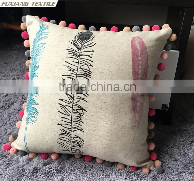 leaf printed pillow with pomp around 4 side