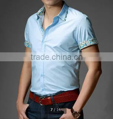 Floral Collar and Sleeve Office Design Light Blue Oxford Shirt