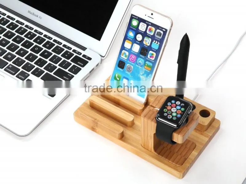 Keno Bamboo Dual Charging Stand Cradle with Pen Holder for Apple Watch, for iPhone for iPad