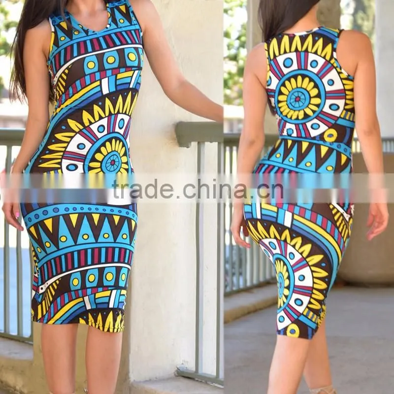 Women sexy night dress tribal tattoo printed night club wear bandage bodycon party dress
