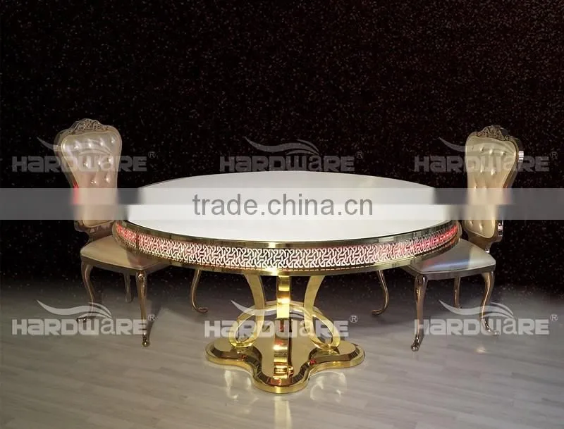 mdf hotel gold hotel dining table golden base stainless steel led table