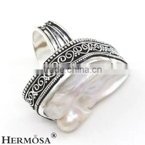 Freedom Shape Genuine Natural Origin White Biwa Pearl 925 Sterling Silver Rings
