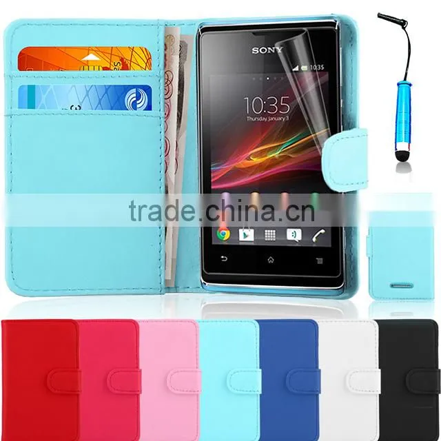 Set Screen Protector Stylus And Case For Sony Xperia E Dual C1605 , Leather Wallet White Phone Case