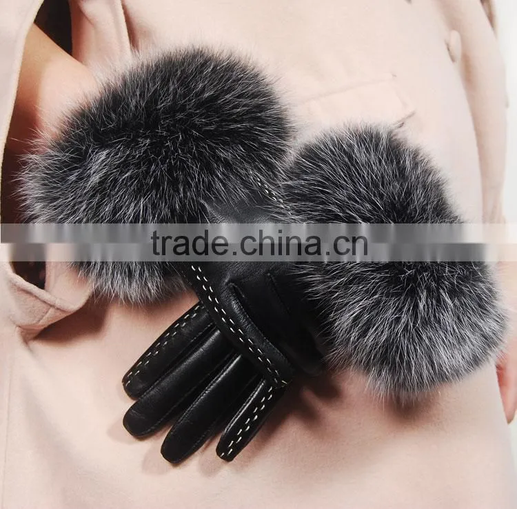 UK Style Women classic elegant raccoon fur cuff sheep leather gloves