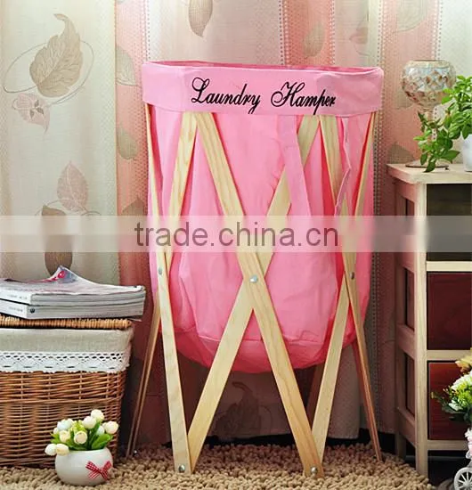 High quality round home foldable laundry storage basket with wood