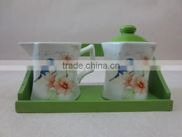 fine decal Ceramic sugar jar with creamer set with verdant woodend stand