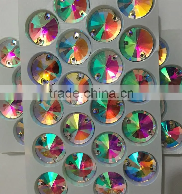 nice small box packing 14mm revoli round shape crystal AB sew on crystal stone with hole for designing clothing