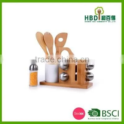 Bamboo Kitchen tool kitchen glass spice jar with bamboo utensil holder