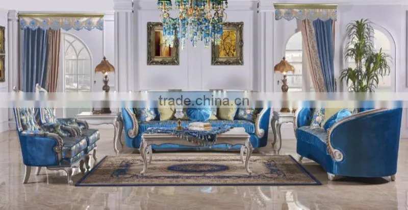 Graceful blue fabric solid wood hand carving frame living room sofa set
