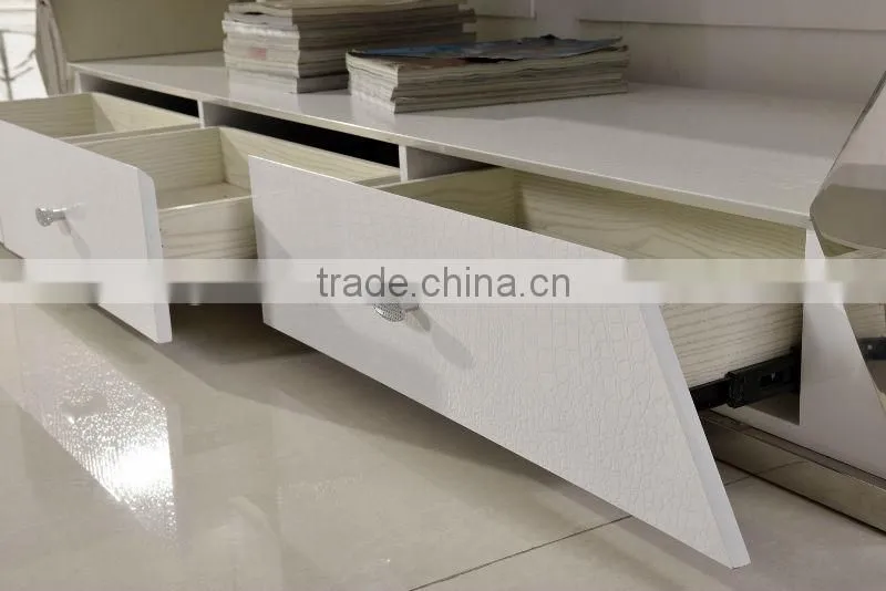 2016 modren design E371 home furniture stainless and MDF+tempered glass lcd TV stand