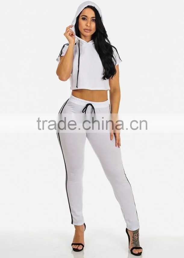 New Arrival Summer Women Casual Knit Cotton Crop Top And Pants White Two-Piece Outfit Sweat Suit Tracksuit Set