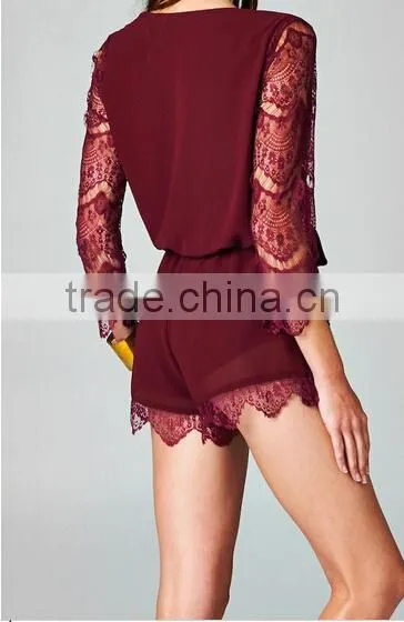 2015 new stylish sexy ladies Deep V neck open front romper playsuit lace sleeve short jumpsuit