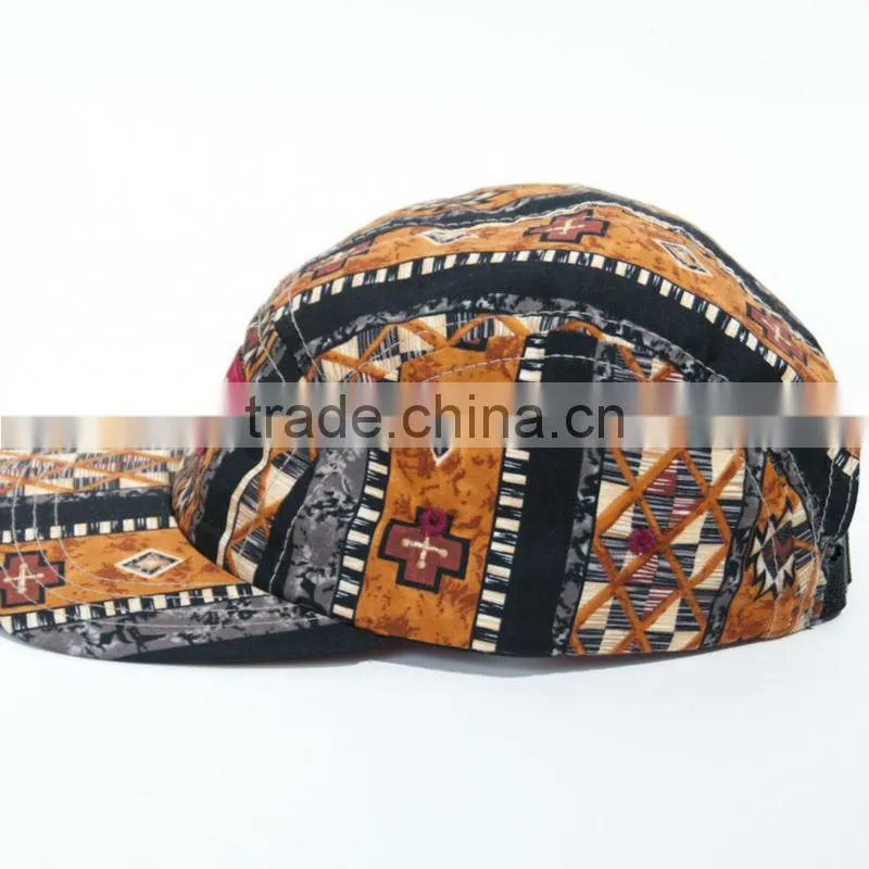 5 panel cap from China Aztec pattern golf promotion wholesale flat brim 5 panel cap