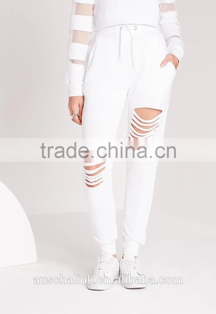 OEM service fashion cheap white ripped front jogger pants
