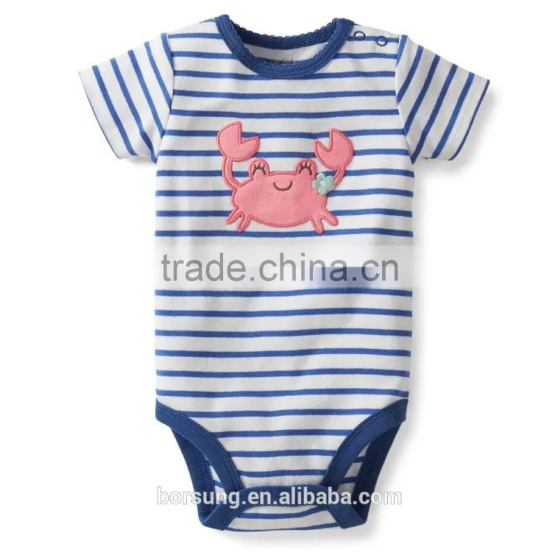 Fashion Short Sleeve Baby Toddler Clothing Striped Applique Baby Bodysuit With Pearl Stitch