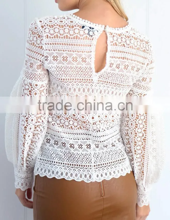 Runwaylover 118 Ladies 2017 Fashion Puff Sleeve Lace Transparent Blouse