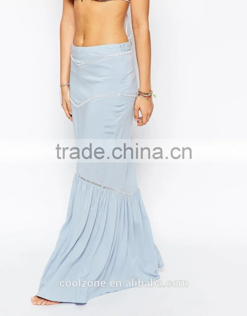 Embroidered trim fish tail hem long maxi women dress wholesale beach skirt