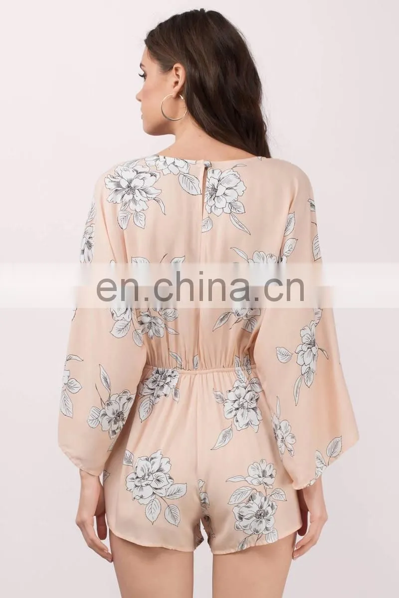 Peach Floral Print Summer Romper Fashion Women Clothing