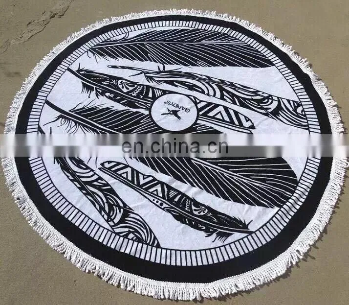 Printed velour %100 cotton round beach towel with polyester fringes