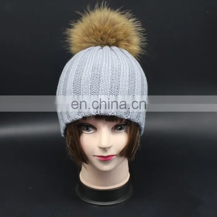 Top Lovely Light Blue Color Knitted Hat With Large Raccoon Fur Pom Pom Classic Fur Pom Hat Baby